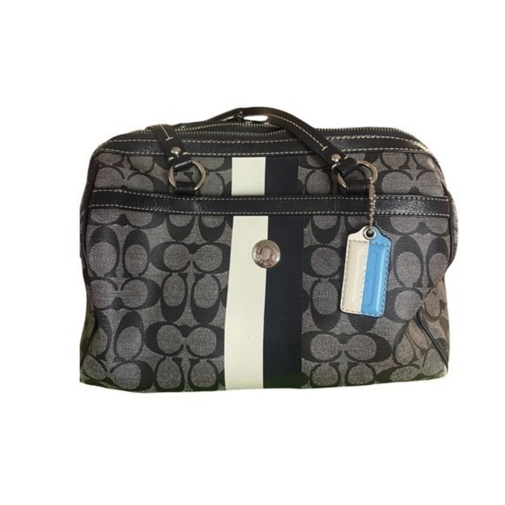 Coach Signature C Jacquard Satchel‎ Bag Black Grey Racing Stripe Blue Lining